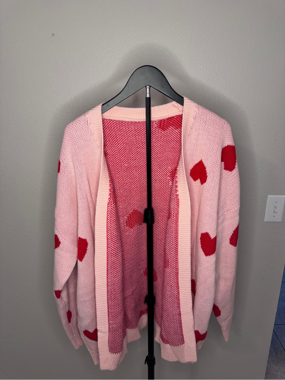 Pink Heart Pattern Open-Front Women's Cardigan Sweater